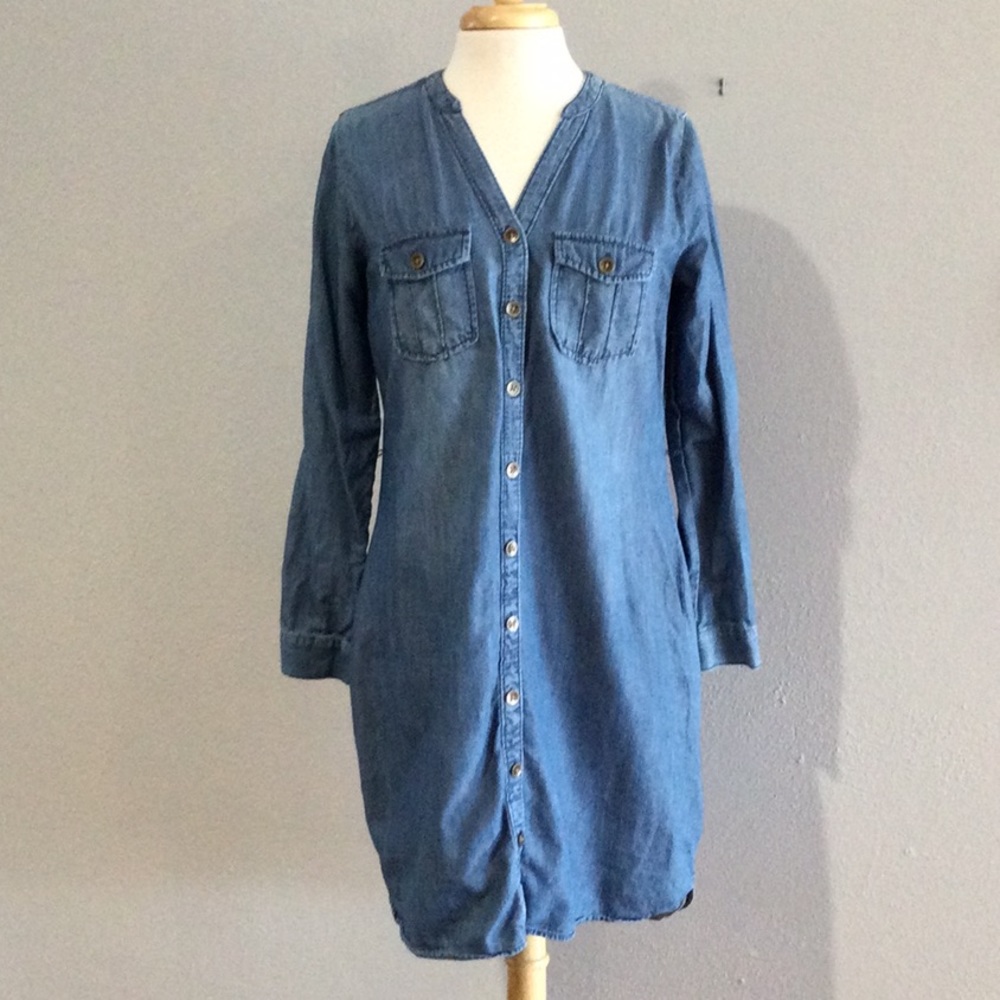 Sonoma Blue Jean Button Front Pockets Midi Dress Size M